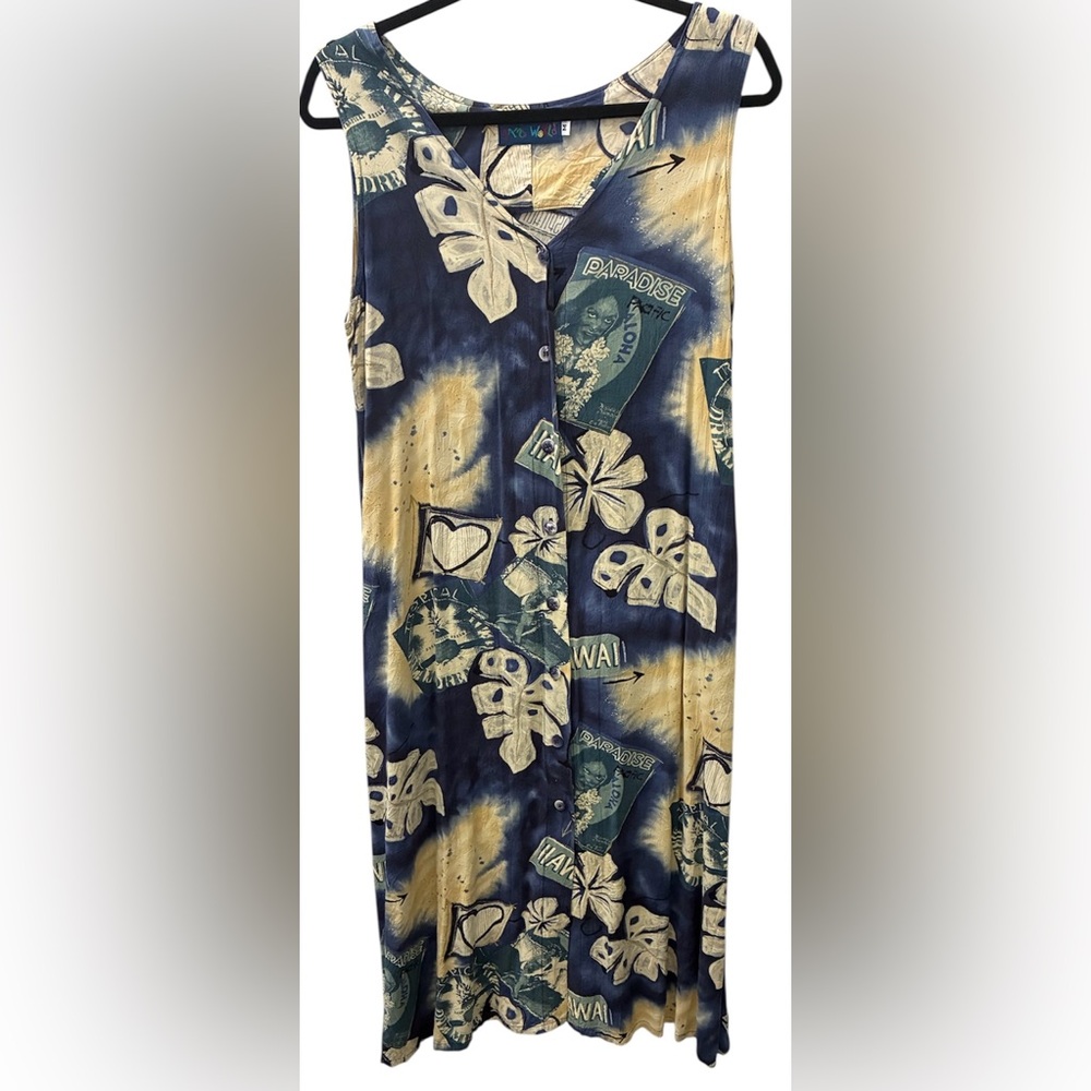 Jams World M Rayon Blue Hawaiian Hospitality Button Tank Dress Pockets Aloha Vtg